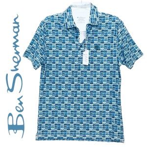 Ben Sherman Polo Sz S UPF 50+ Blue Cassette Tapes Tech UNIQUE Print Shirt NWOT